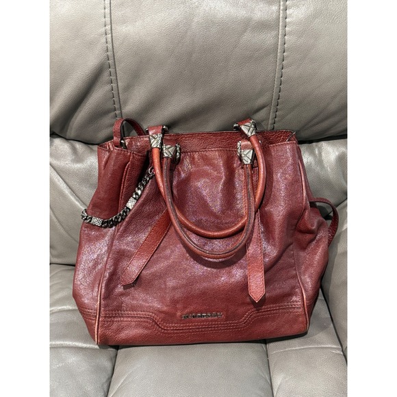 Authentic vintage Burberry Leather Tote Bag Satchel bag Chain Detail burgundy - Picture 1 of 10